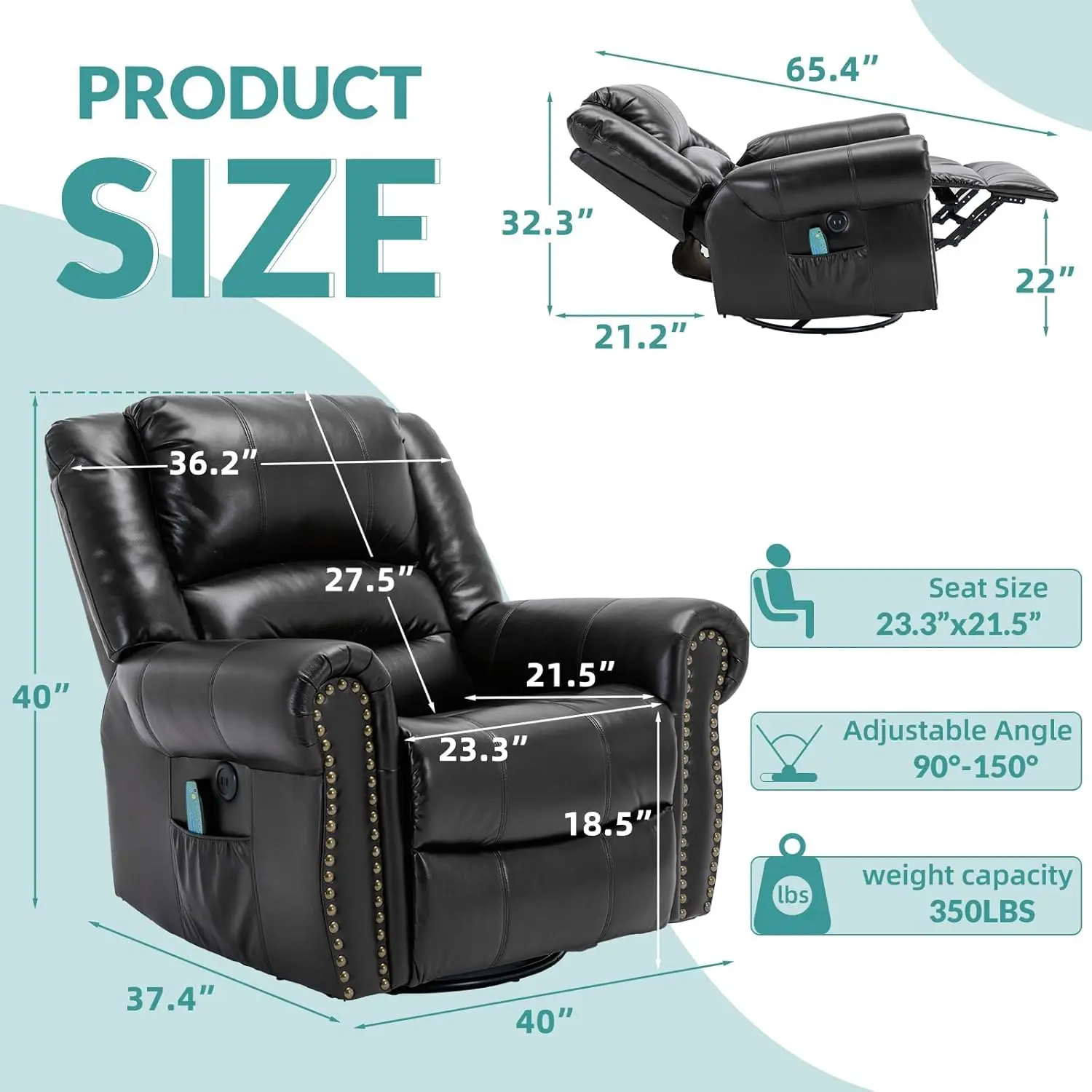 Oversized Swivel Rocker Recliner Chair with Heat and Massage, Manual Glider Rocking Recliner Chair, 360°Swivel, Customized