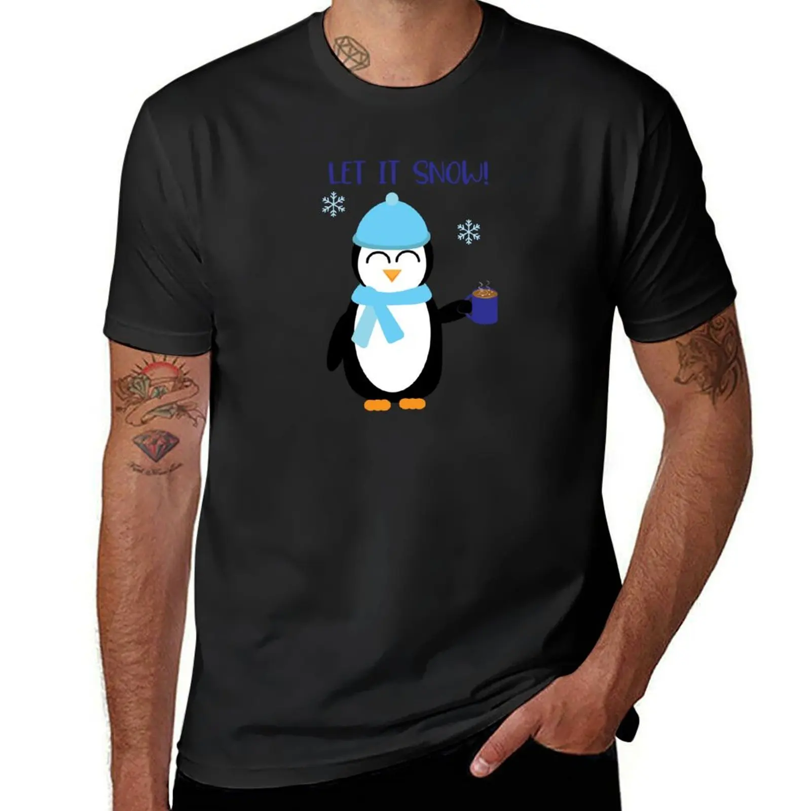 Let it Snow, Cute Winter Penguin with hot cocoa T-shirt kawaii clothes graphics plus size tops t shirts for men pack