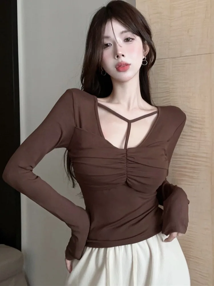 

Sexy Hollow out Fleece Lined Slim Fit Base Shirt Women's Design Trendy Hollow out Women's Inner Wear T-Shirt for Autumn Winter