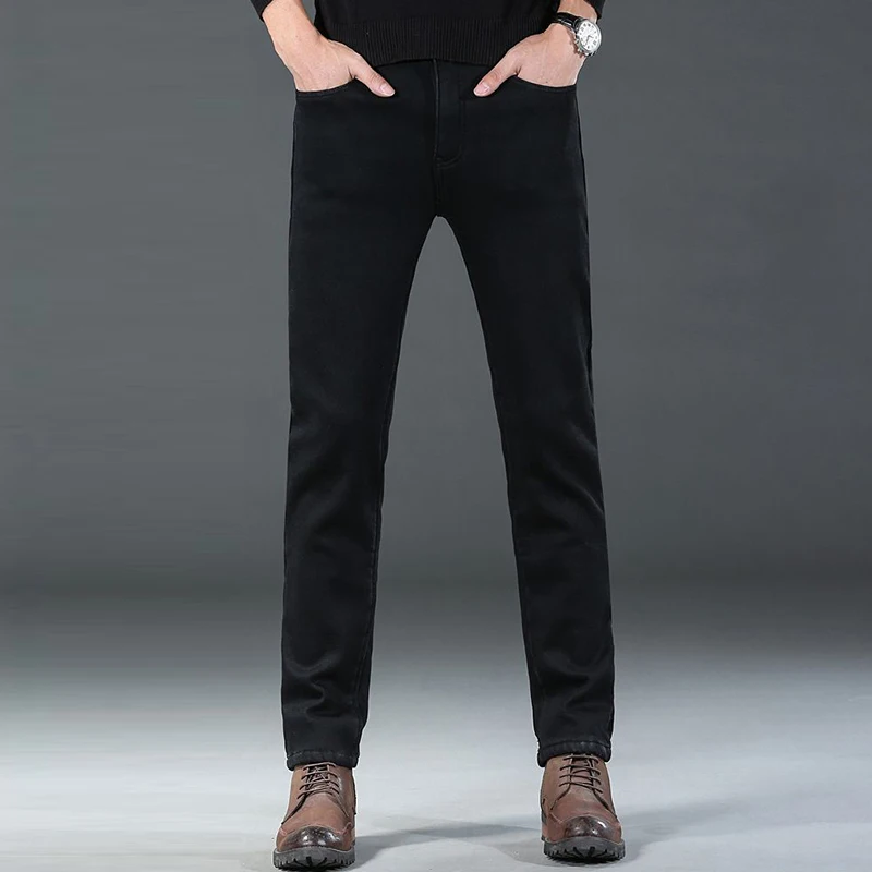 الرجال صوف مبطن مستقيم الجينز الذكور شتاء دافئ الدنيم السراويل مرونة مريحة عارضة فضفاض سميكة السراويل #4