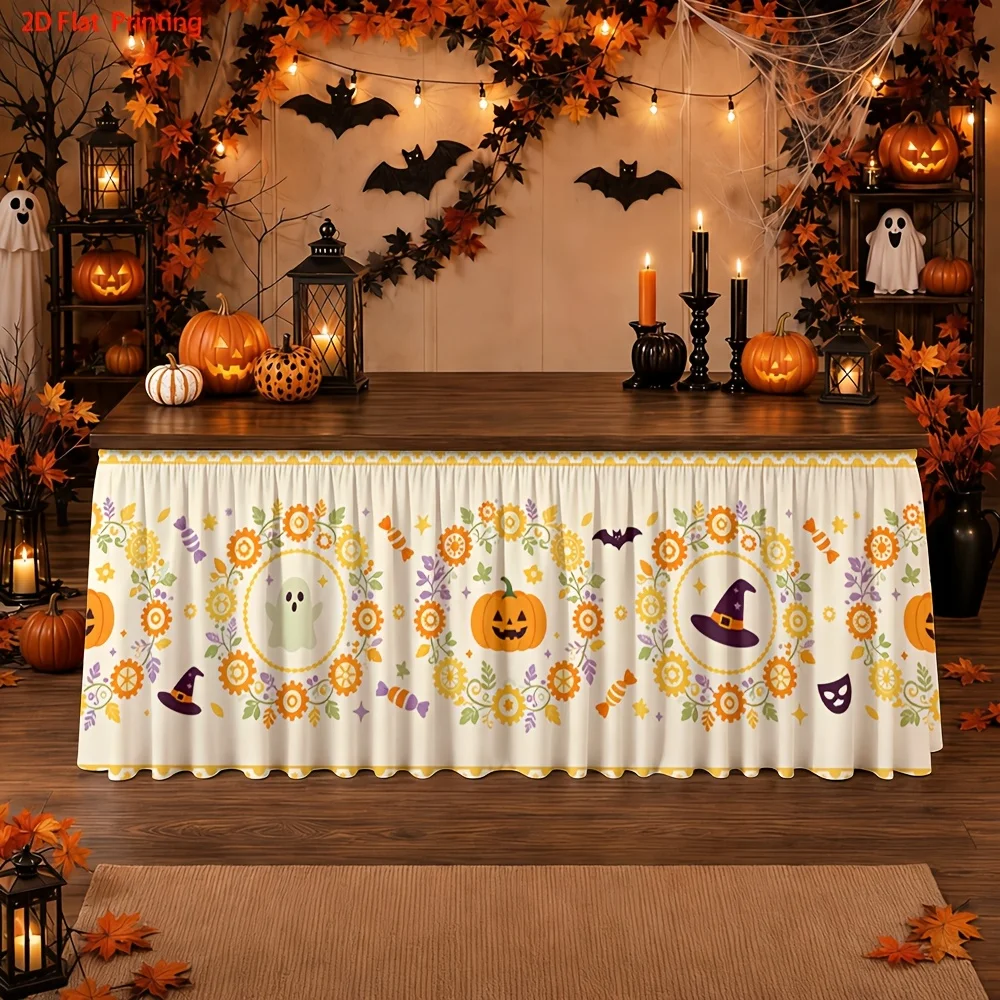 Halloween Table Scarf (with garland and bat mask prints) - A machine-made rectangular table coverzyc