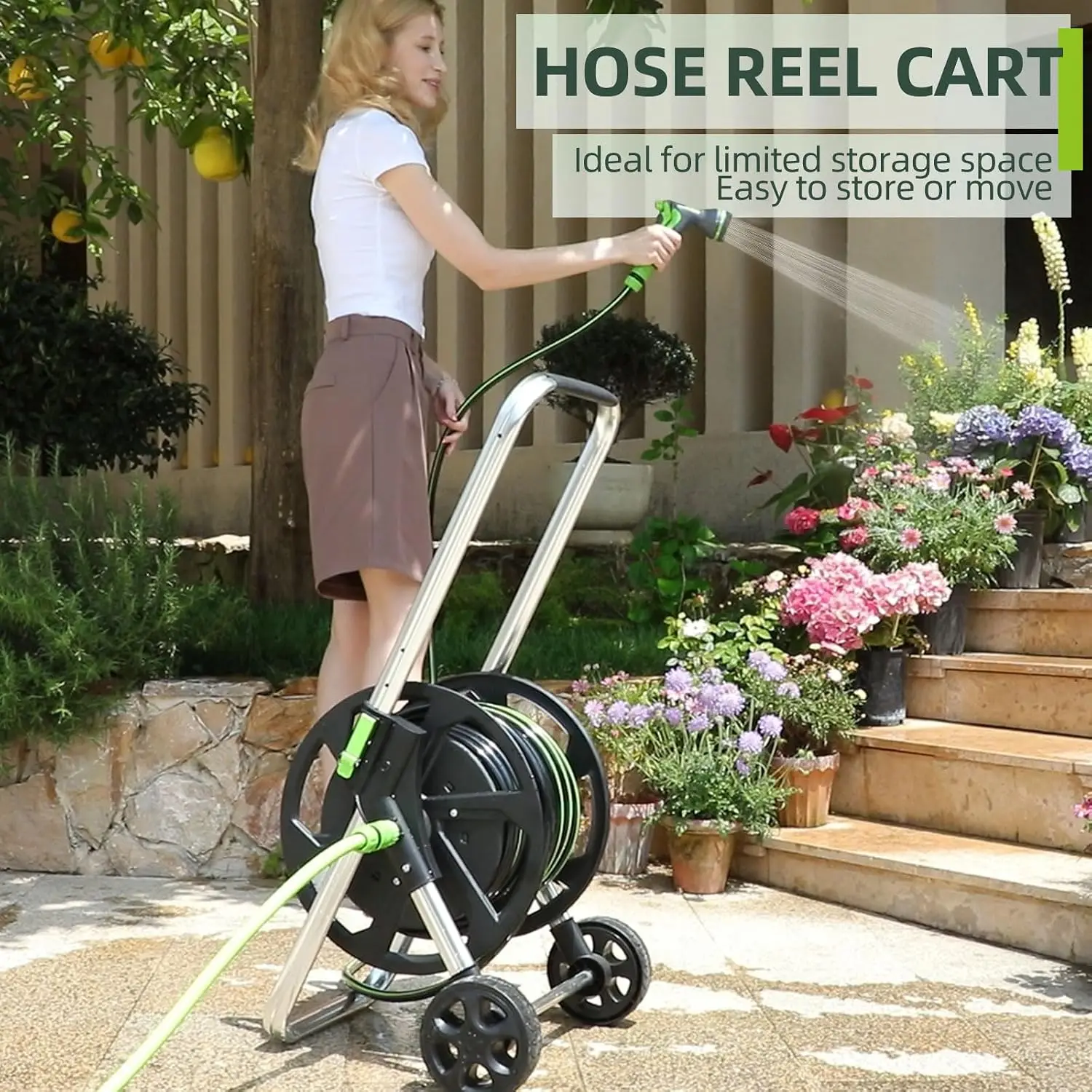 Outdoor Garden Hose Reel Cart, Designed to Hold 75-150 Feet of 5/8 Inch Hose