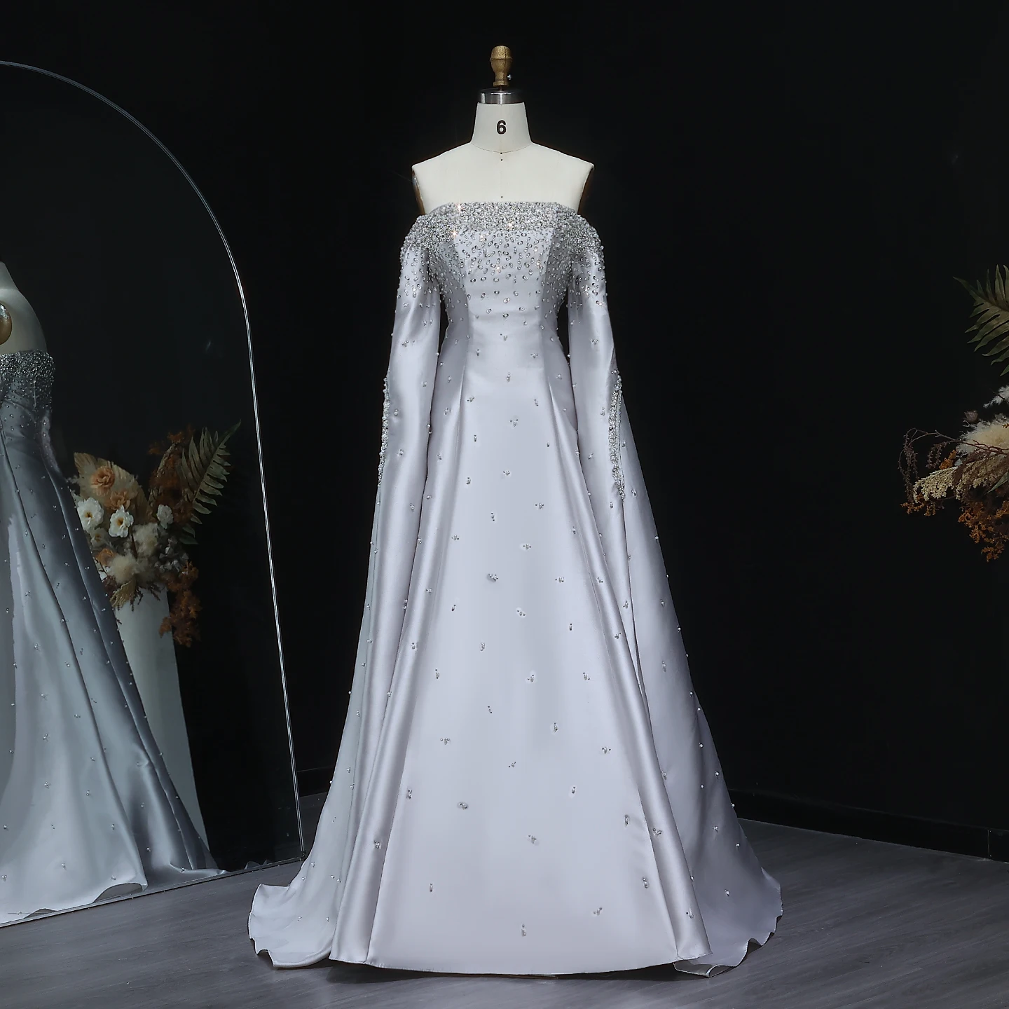 Sharon Said Elegant Off Shoulder Gray Arabic Evening Dress with Cape Sleeve Luxury Dubai for Women Wedding Party SS575 Custom image 2