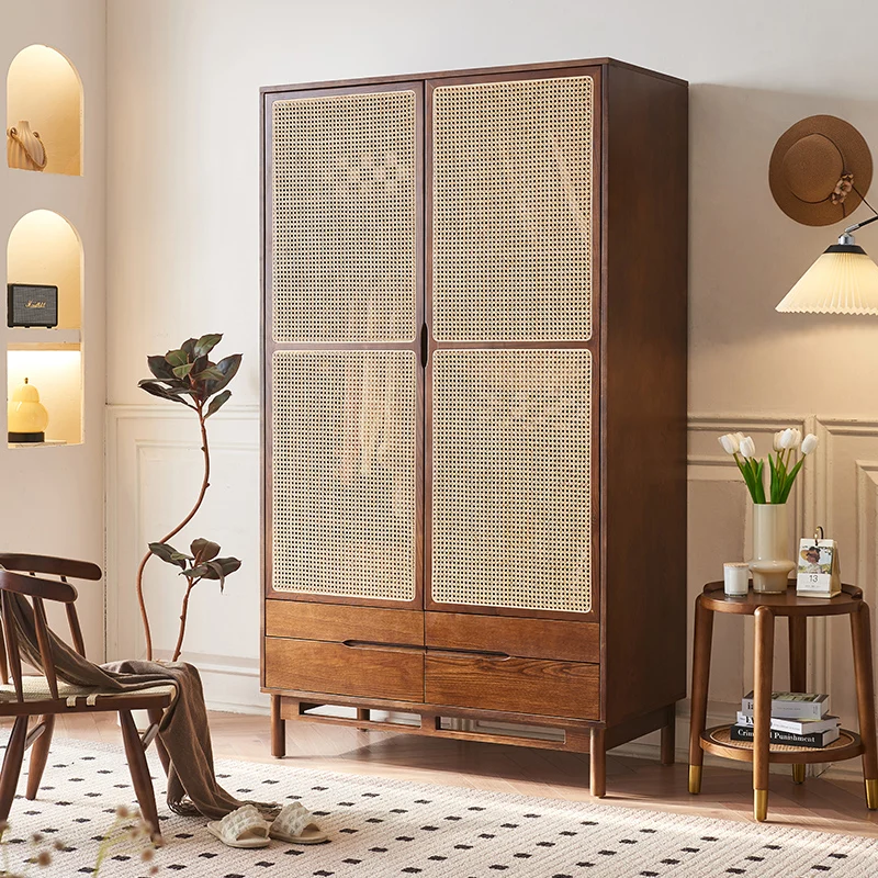 Two Door Wardrobe Home Bedroom Rattan Wardrobe Vintage Solid Wood Casement Walnut Color