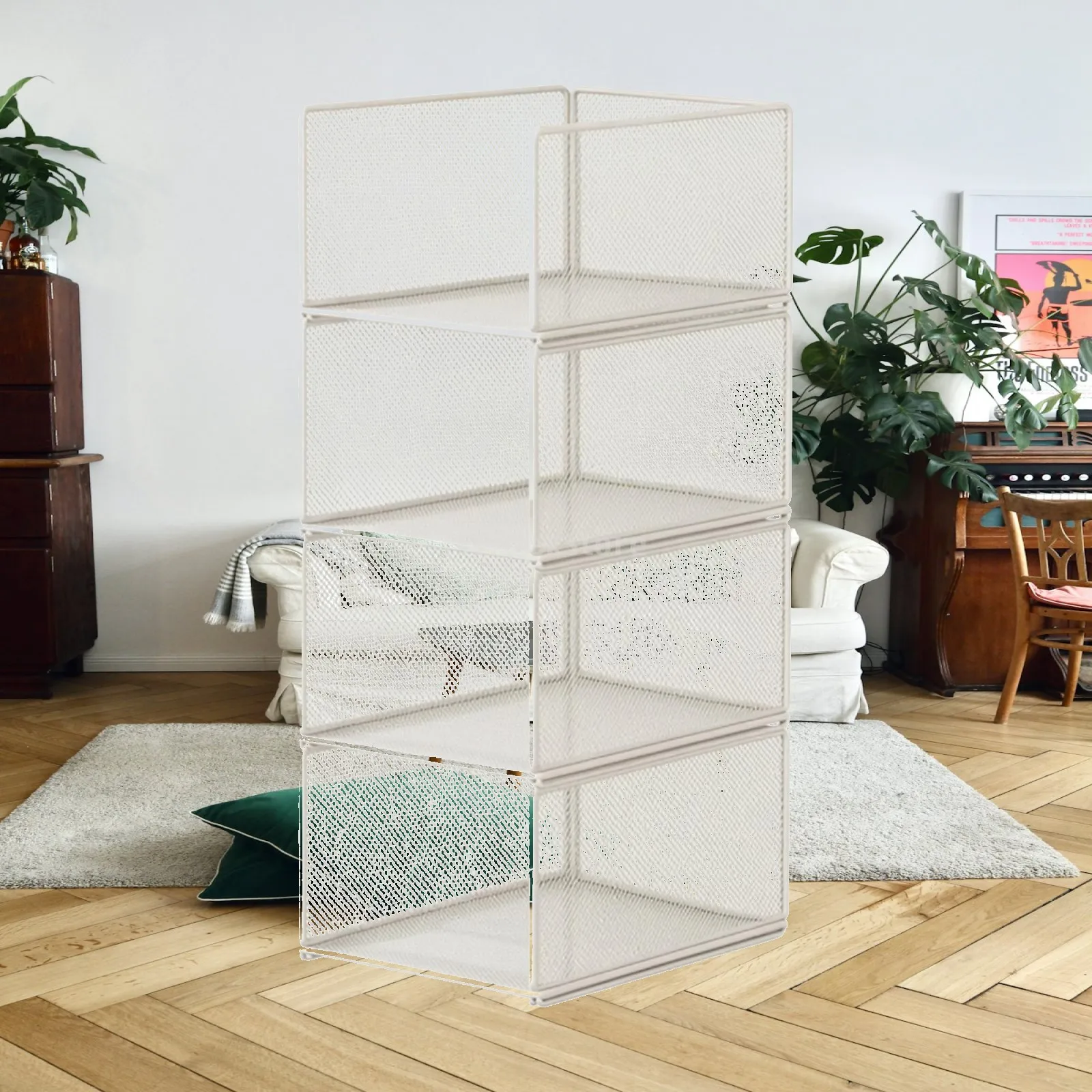 Modular Wardrobe Organizer with Mesh Panels and Pull Out Drawer Style for Bedroom Cabinet Clothes Storage Solution