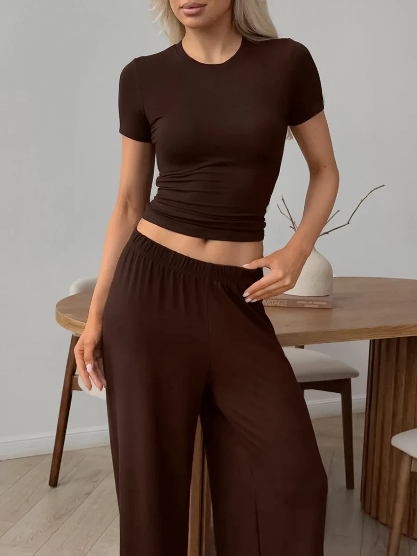 Marthaqiqi Home Clothes Ladies O-Neck Sleepwear Short Sleeve Nightgown Crop Top Nightwear Pants Casual Female Pajama 2 Piece Set