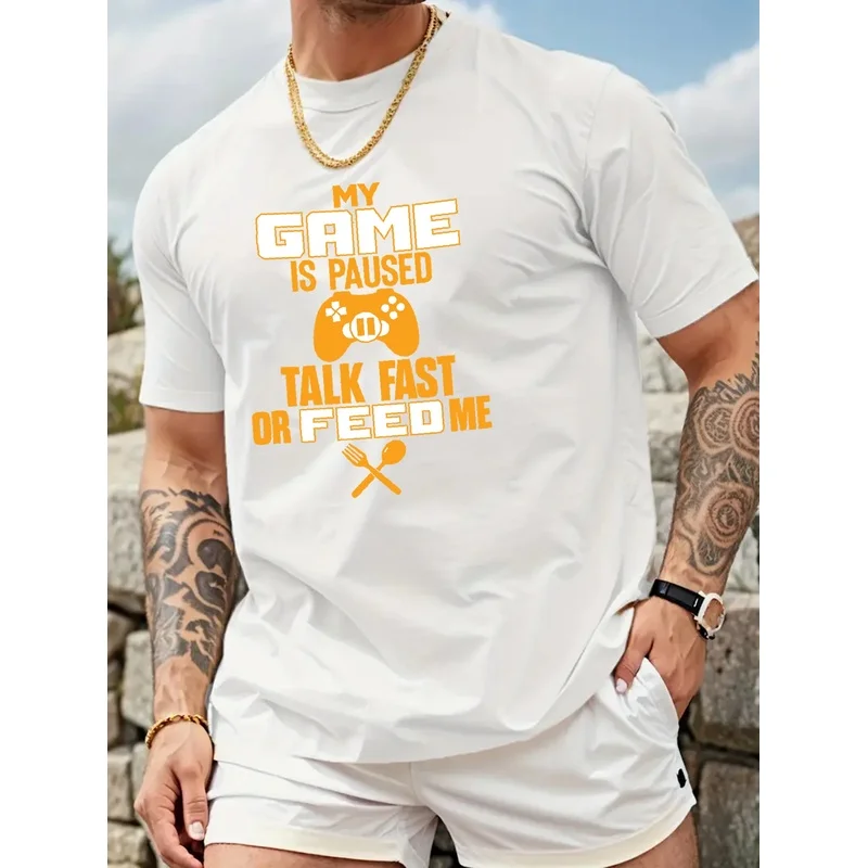 Men'S High-Quality T-Shirt, Fun 'Gamer Pause' Printed Tee, Men'S Short Sleeve Shirt, Regular Casual Daily Top, Men'S Short Sleev