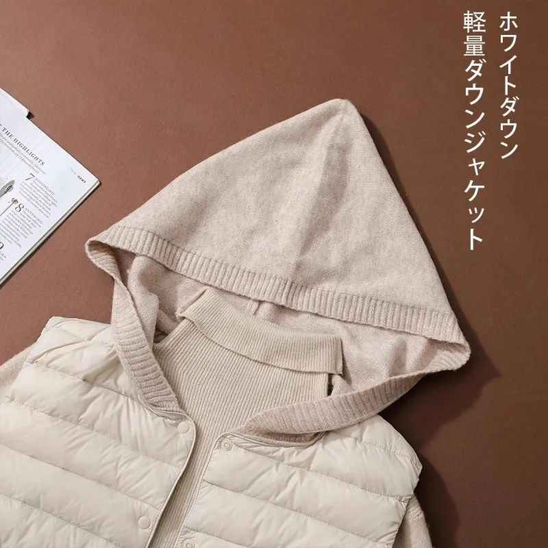 Women Knitted Patchwork Hooded Waistcoat Jacket Winter Light Thin White Duck Down Vest Coat Ladies Warm Sleeveless Short Tank
