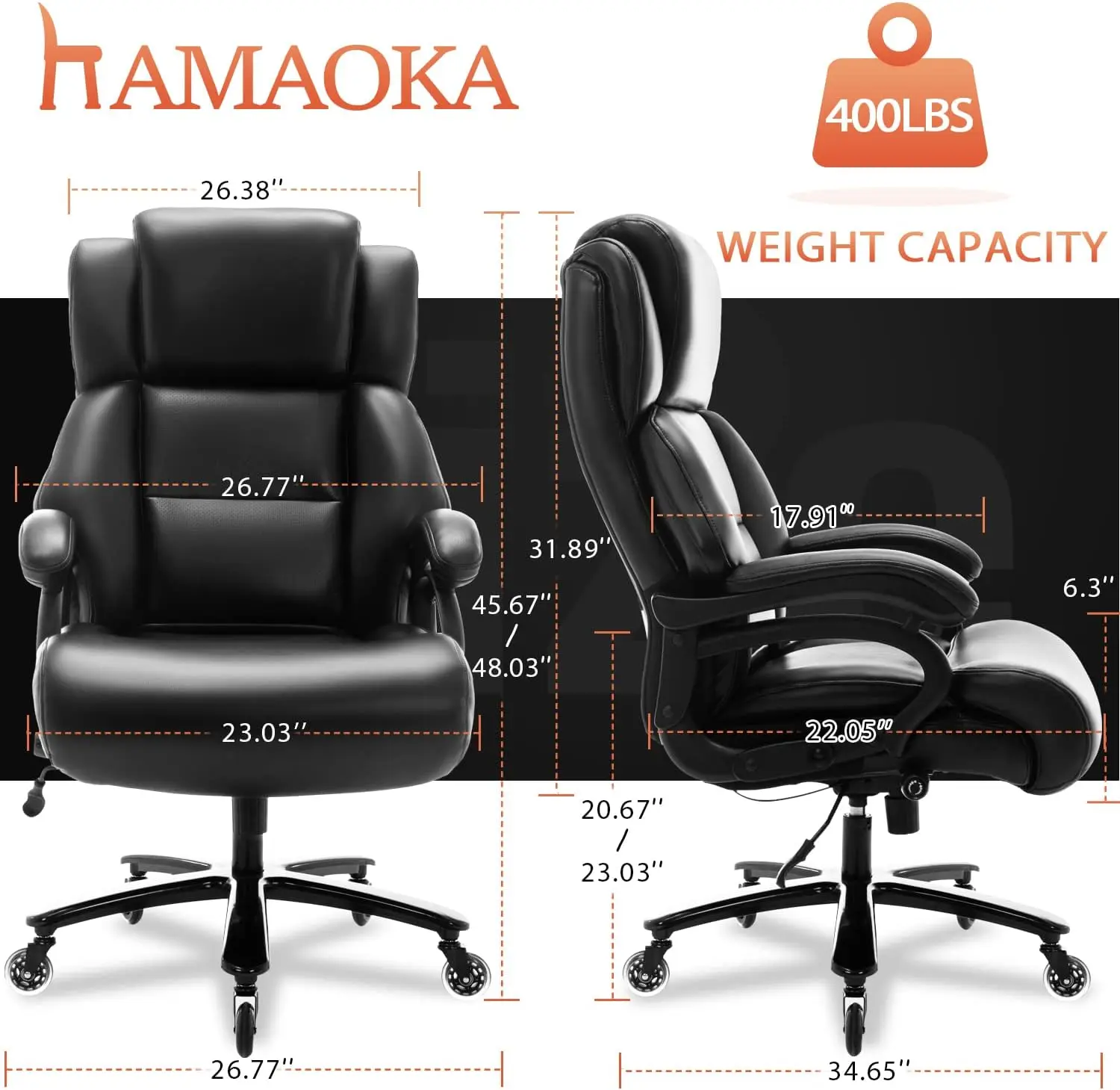 調節可能なランバーサポートオフィスチェア、頑丈な金属ベース、大型エグゼクティブ、静かなゴム製ホイール、ハイバック、大型、大型、高さ、400ポンド