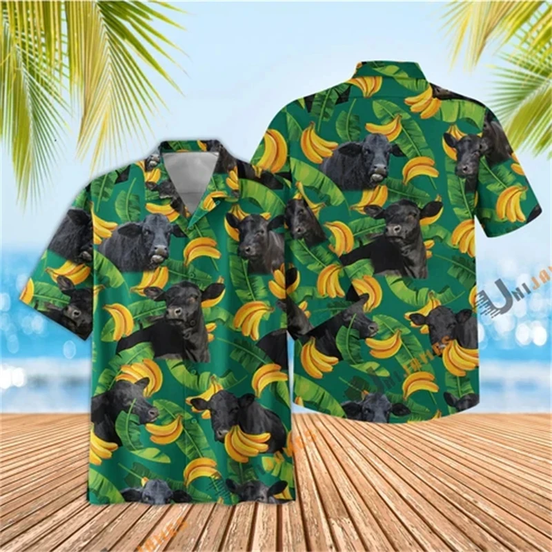 Camisas de playa con estampado 3D de vaca Animal divertido para hombres, blusas de manga corta con solapa de oso, Tops con botones hawaianos, ropa corta