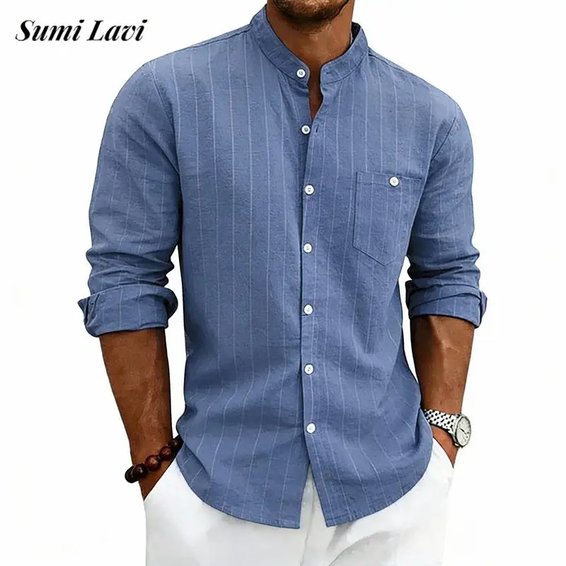 

Vintage Button-up Stand Collar Linen Shirt Men Spring Casual Long Sleeve Linen Tops Mens Shirt Daily Leisure Breathable Shirts