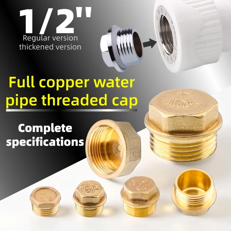 1/2'' Inch Solid Brass Pipe Cap, Full Copper Internal External Threaded Plug for High Pressure Plumbing
