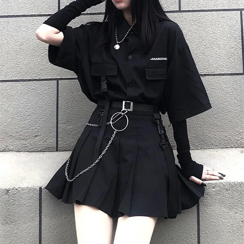 Vintage Loose Solid BF Gothic Two Piece Set Women Summer Casual Korean Button Shirt and Black Pleated A-line Mini Yk2 Skirt