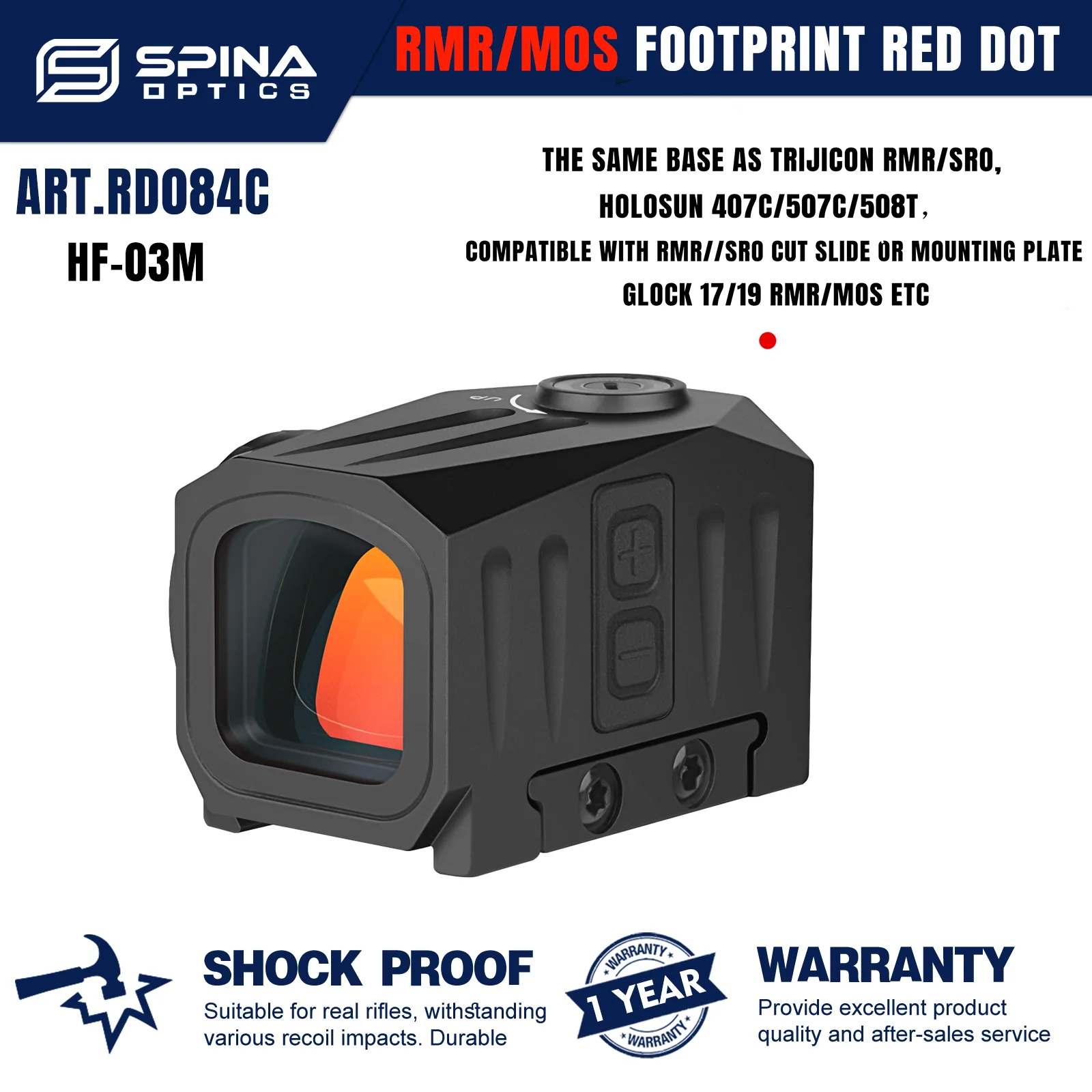 

SPINA OPTICS Square LED Enclosed Red Dot Sight Quickly Shooting Fit Glock17/19 RMR Footprint Pistol 9mm AR15 MK18.308.556 12GA