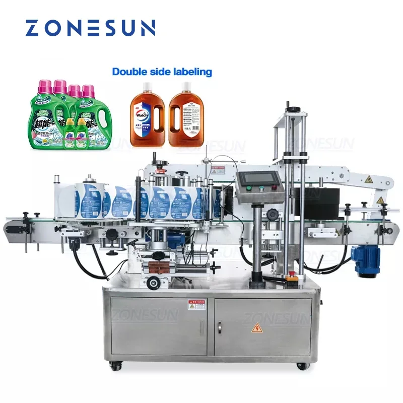 ZONESUN Automatic double-sided labeling machine for laundry liquid bottle sticker labeller Label Applicator