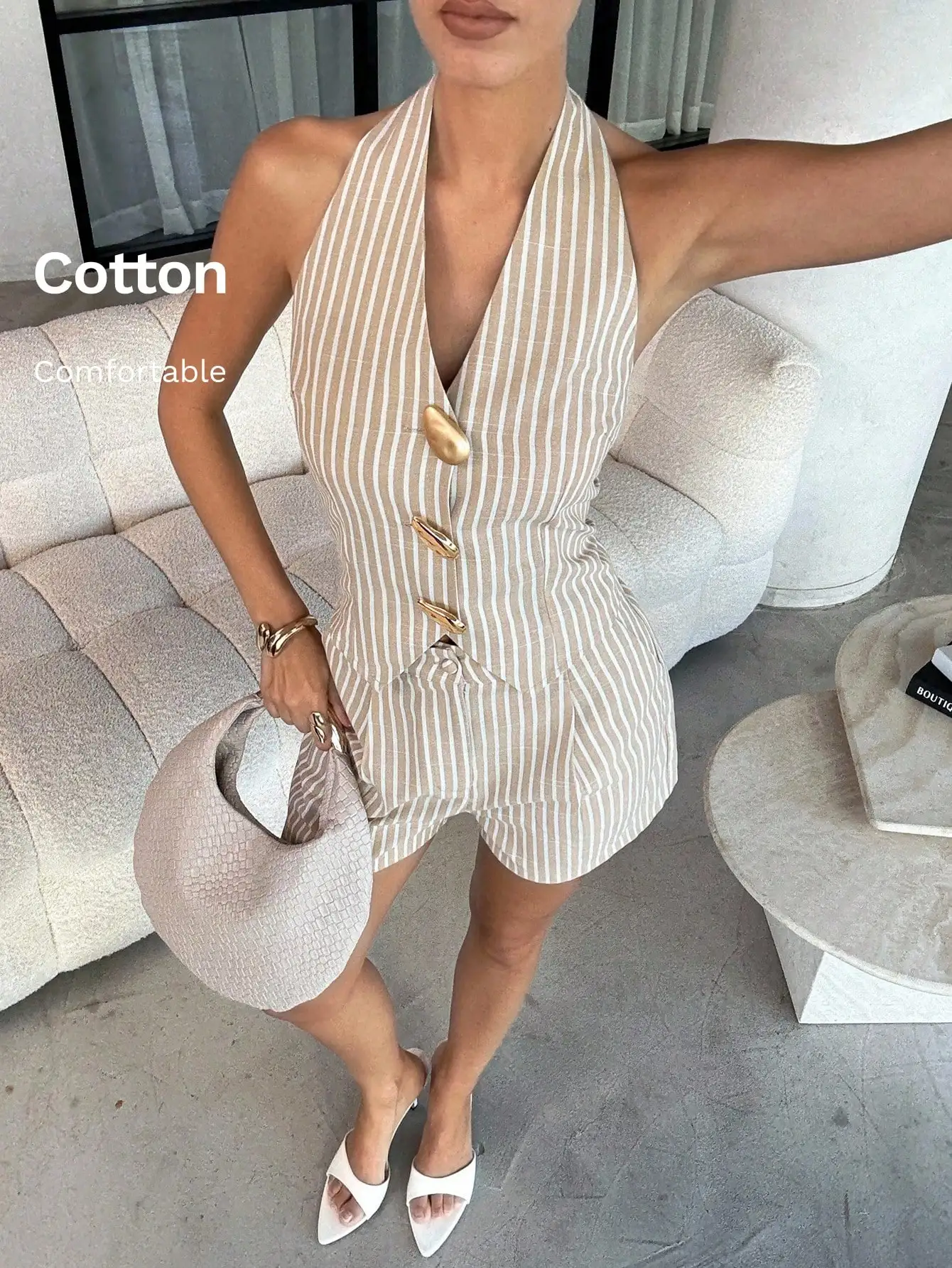 Lavishia 2-teiliges Damen-Set mit gestreiftem Crop-Top mit Metallverzierung und Shorts im lässigen Stil