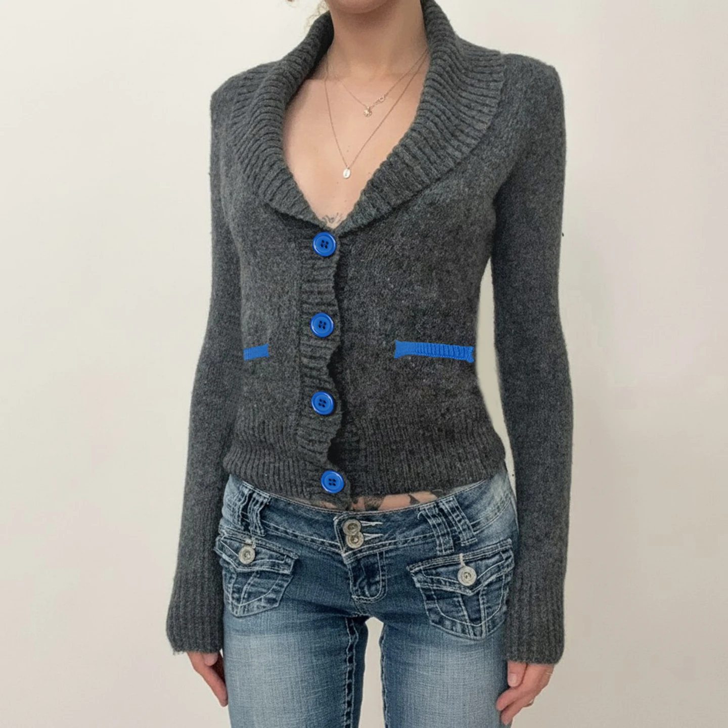 

Casual Basic Contrast Color Sweaters Slim Fit Deep V-Neck Long Sleeve Knitted Cardigans Women 2025 Autumn Winter Coats Fashion