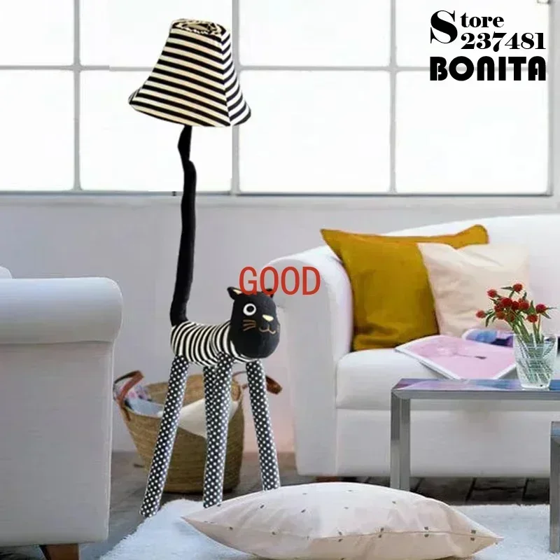 

Christmas Gift Floor Lamp Living Room Children Room Floor Light Canvas Catoon Animal Striped Cat Feet Adjustable Stand Lamp