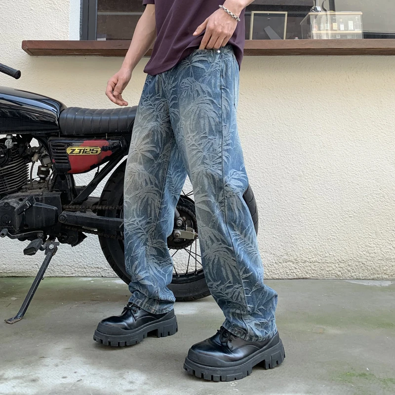 Fashionable printed loose jeans men's street hip-hop trendy Korean style leisure washed-out high-end straight wide-leg pants