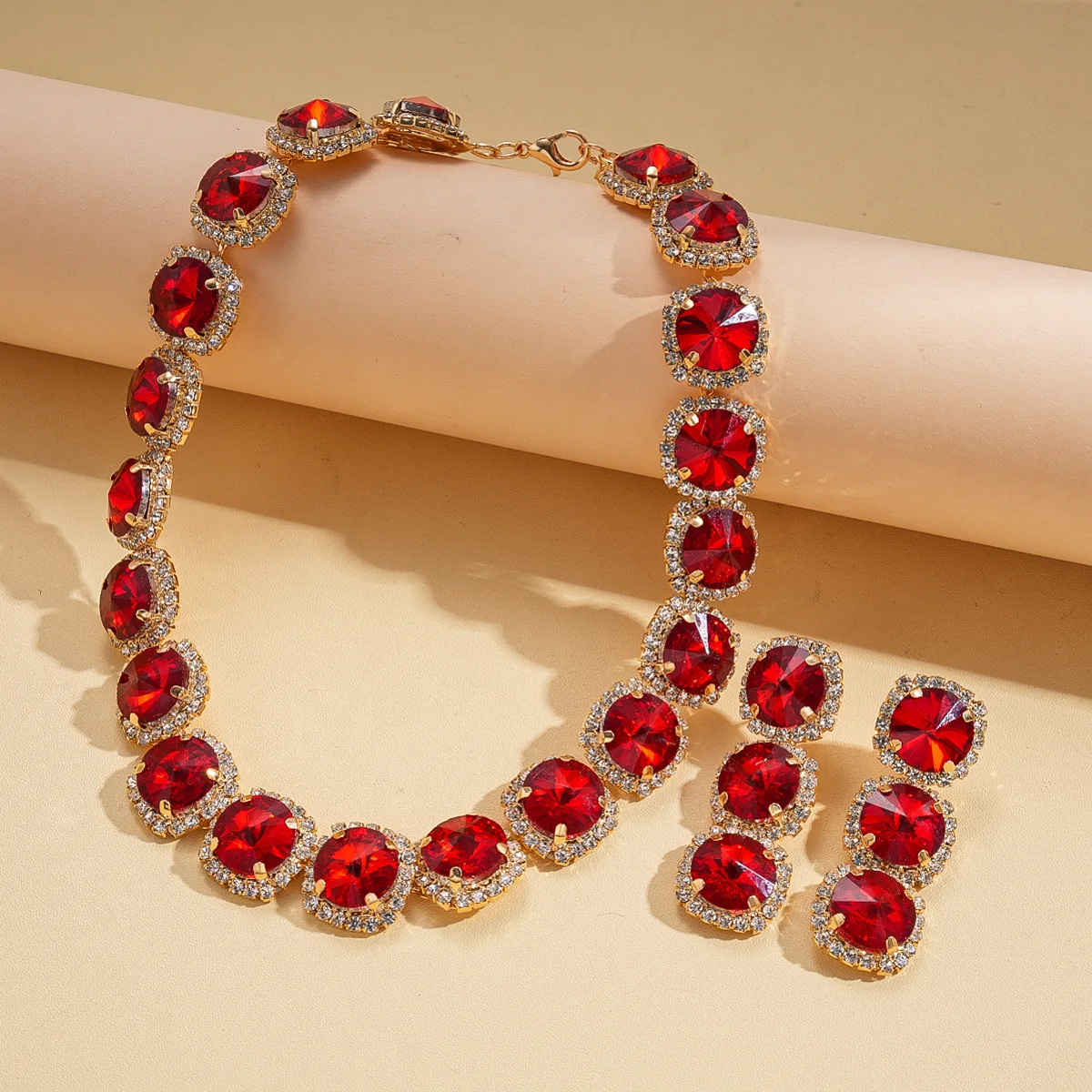 Square Red Crystal Halo Jewelry Set Expensive Zircon Choker Drop Earring Wedding Gala Bridal Evening Formal Party Luxury Piece