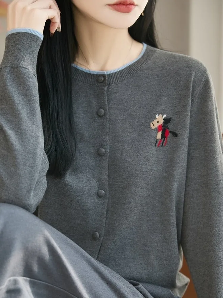 

Spring 2026 Women's Knitted Embroidered Open Cardigan ey round Ne Button Casual Sle Soft Fabric Long Sve Breathable