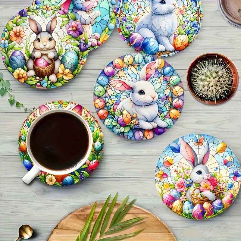 6pcs Round Wooden Art Coasters 2D Floral Rabbit Theme Heat Resistant Non-Slip Home Decor Multifunctional Gift Set