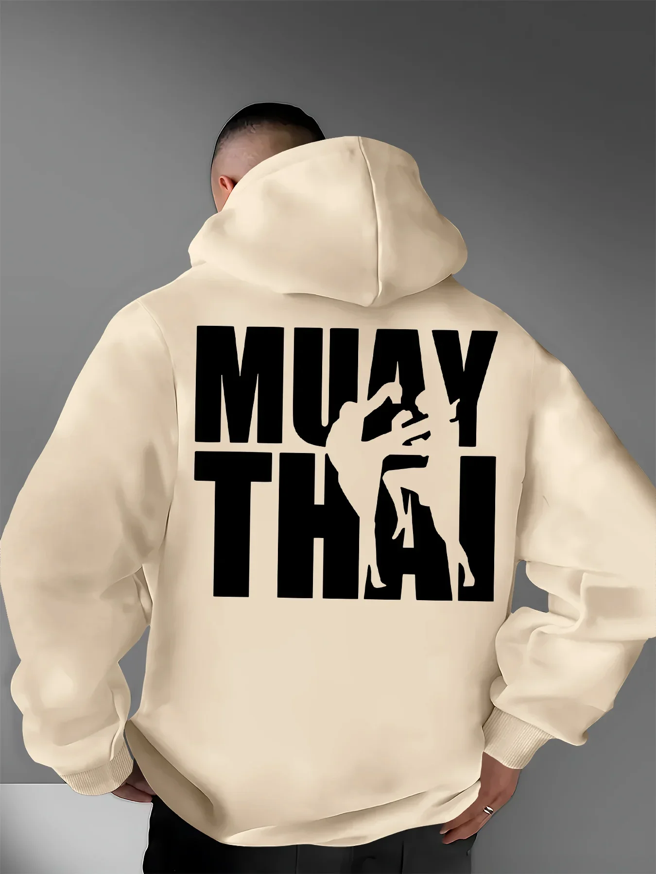 Men’s Muay Thai Sweatshirt, Thai Boxing Fighter Graphic, Martial Arts Training Pullover Hoodie Autumn Winter Fleece Streetwear