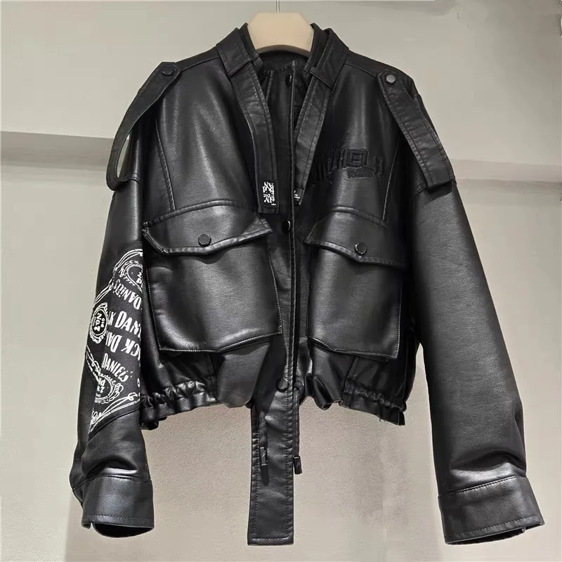 

2025 European and American fashion retro motorcycle leather jacket with letter print high waist slimming jacket new style