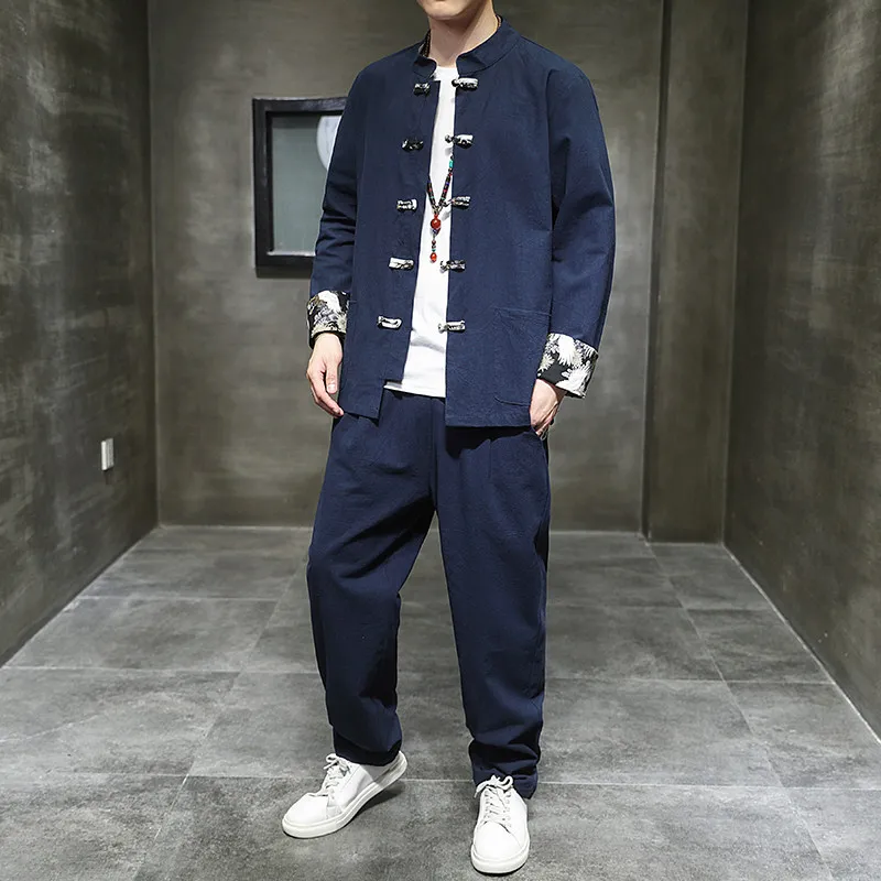 Two piece set （Coats +Pants）Chinese Style Jacket Men's Linen Cotton Shirt Men's Casual Loose Pants Retro Kungfu Tai Chi Trousers