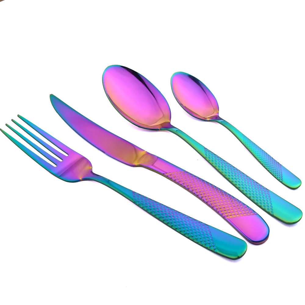 AJOYOUS 24Pcs Rainbow Dinnerware Set Stainless Steel Fork Knife Spoon Flatware Tableware Kitchen Silverware Bright Cutlery Set