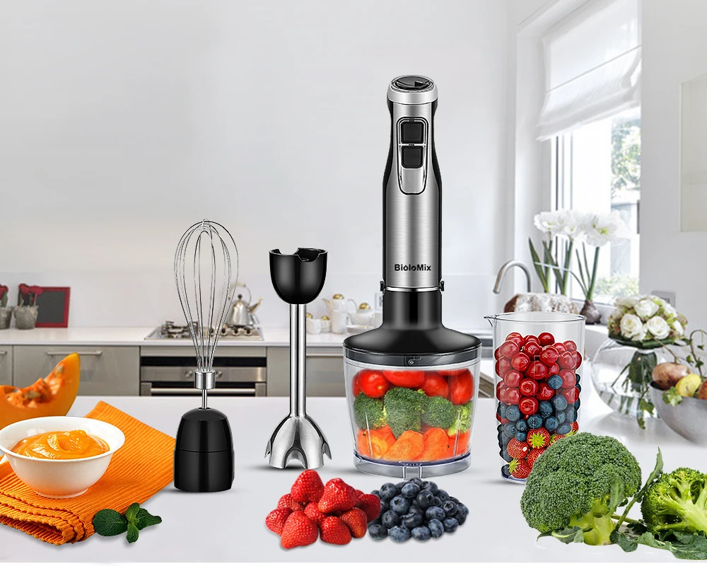 BioloMix Ensemble de mélangeur à immersion professionnel 4 en 1 – Mélangeur à bâton haute puissance 1200 W avec lames à glace en acier inoxydable, comprend une hachoir