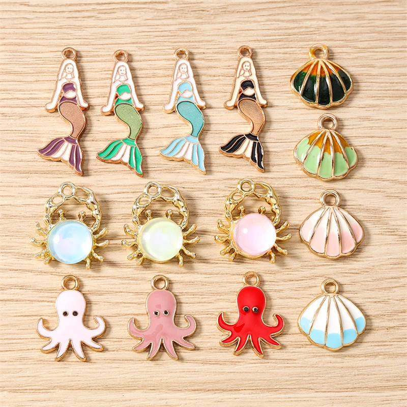 

10pcs Cute Marine Life Charms Enamel Shell Mermaid Crab Charms Pendants for Jewelry Making Necklaces Earrings DIY Craft Supplies