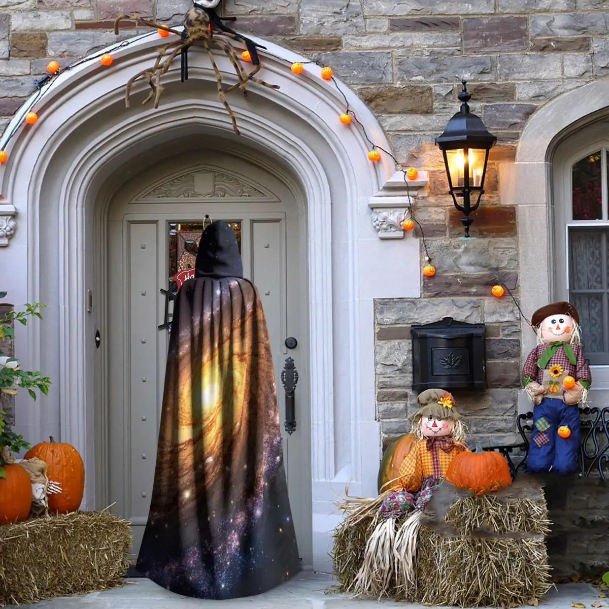 غالاكسي الكون الكواكب عباءة طويلة مقنعين الساحرة القرون الوسطى زي تأثيري كيب HalloweenParty الكبار للجنسين
