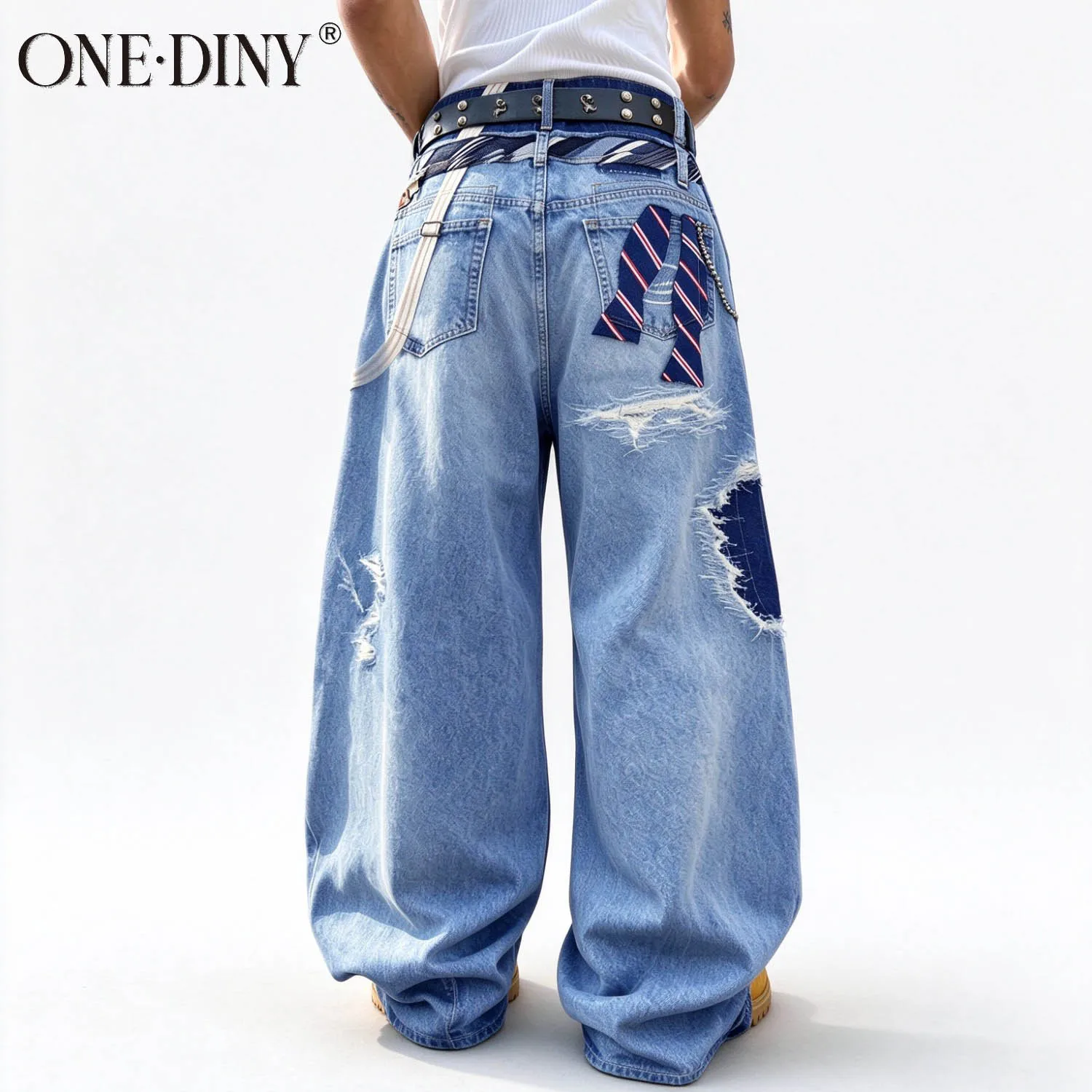 ONE·DINY Men's Baggy Jeans 100% Cotton Blue Washed Digital Print Wide Leg Denim Pants Ripped Distressed Streetwear Y2K Loose