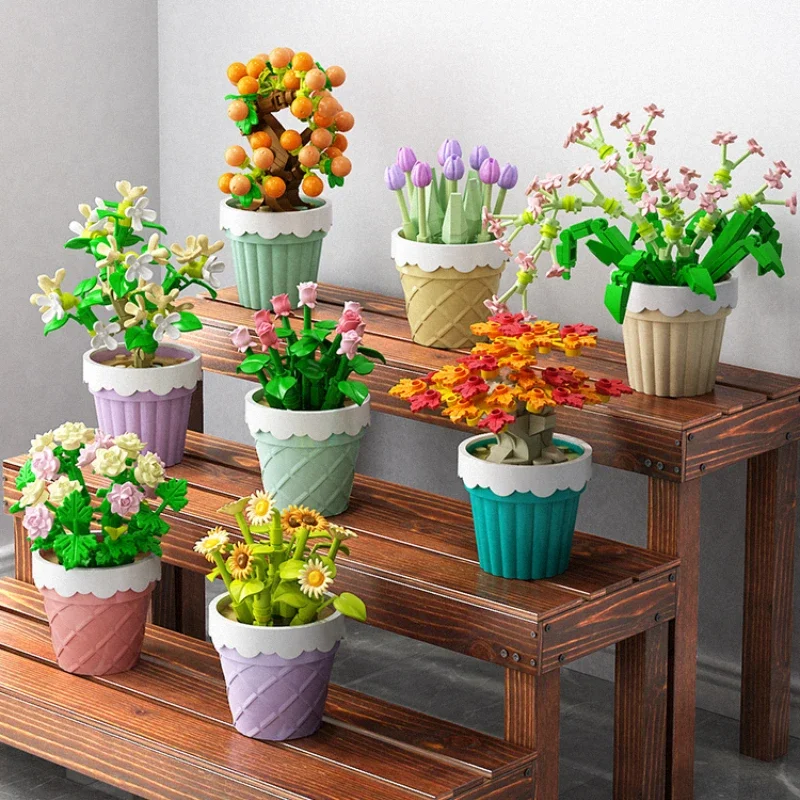 SEMBO BLOCK Building Block Flower Cute Succulent Potted Plant Desktop Ornaments Educational Assembly Toy Model Birthday Gift