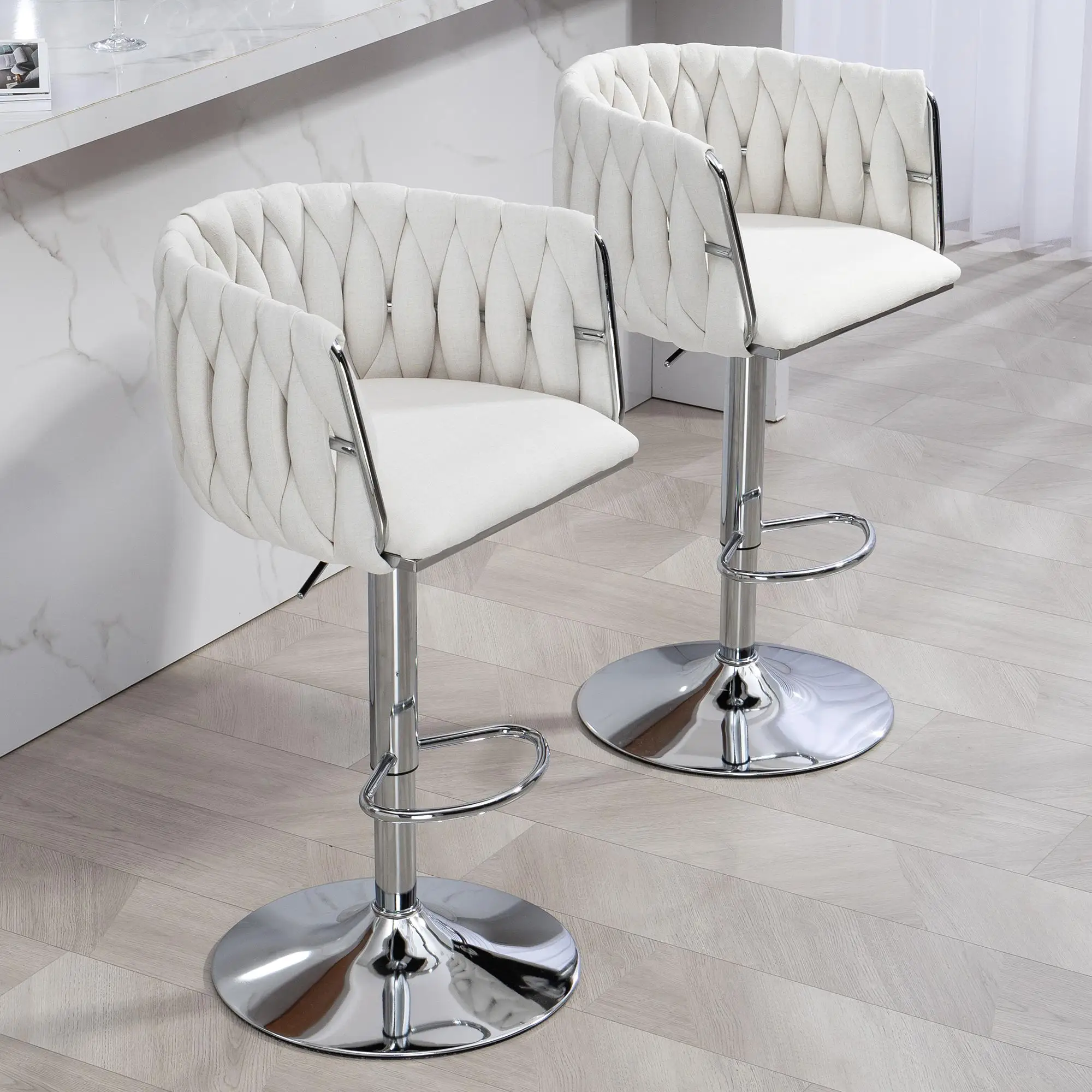 Set of 2 Swivel Bar Stools Adjustable Counter Height Woven Back Silver Metal Frame with Footrest for Home Cafe Kitchen