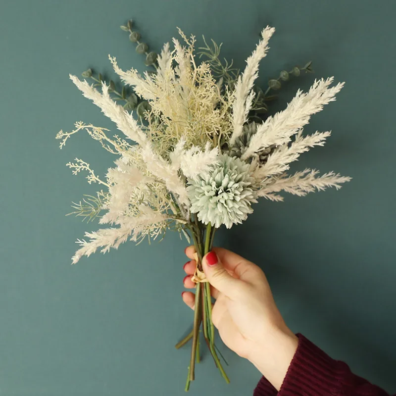 NEW White Artificial Flowers High Quality Silk Dandelion Plastic Eucalyptus Hybrid Bouquet Wedding Home Decoration Fake Flower