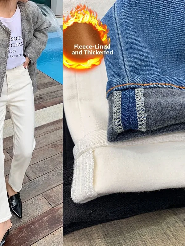 

High Waist Fce Lined Straight Leg Jeans Vintage Sle Women's Denim Pants Autumn Winter Faion plus Size Slimming