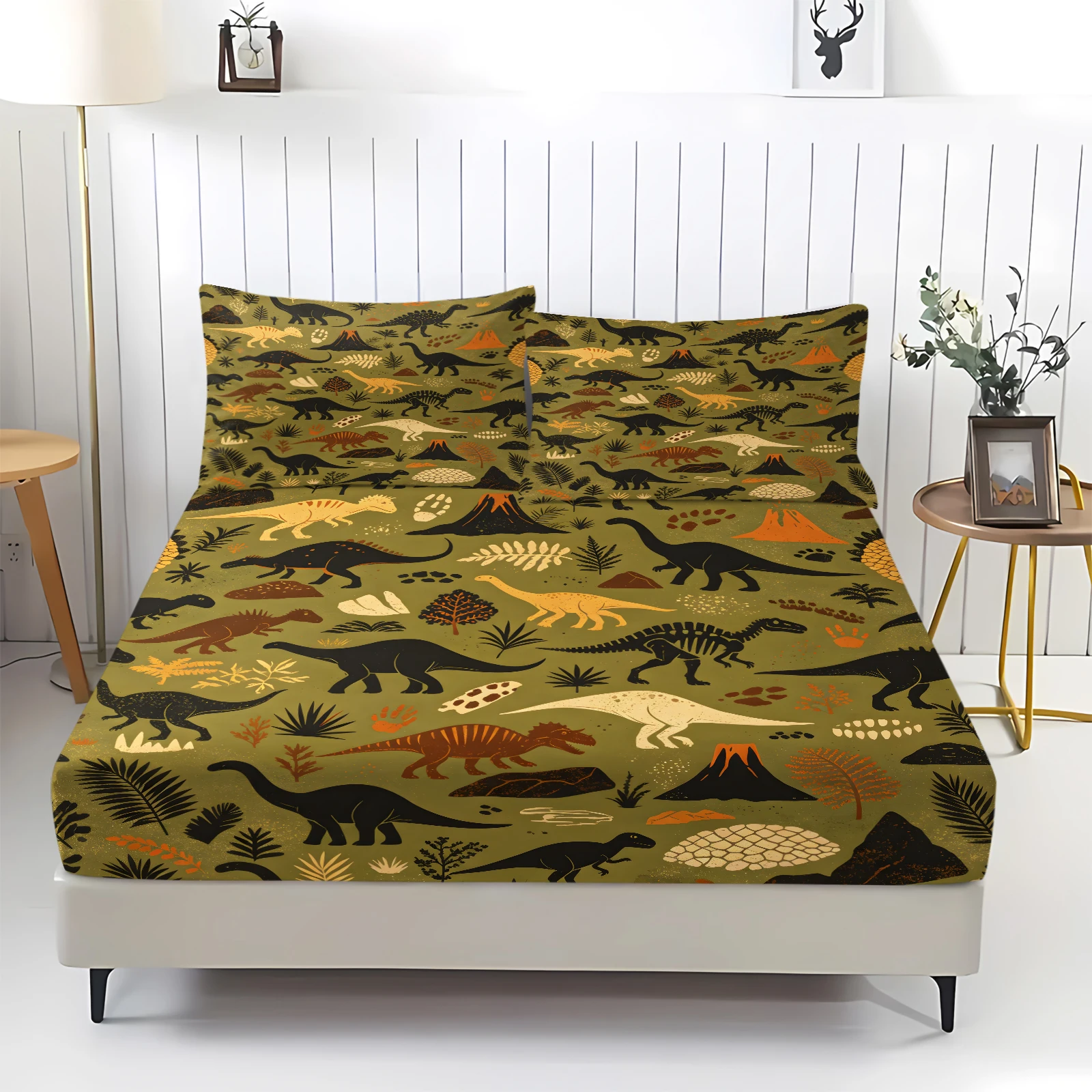 Olive Green Vintage Dinosaur Fitted Sheet Set Retro Dino Volcano Fern Print Deep Pocket Elastic Mattress Cover with Pillowcases