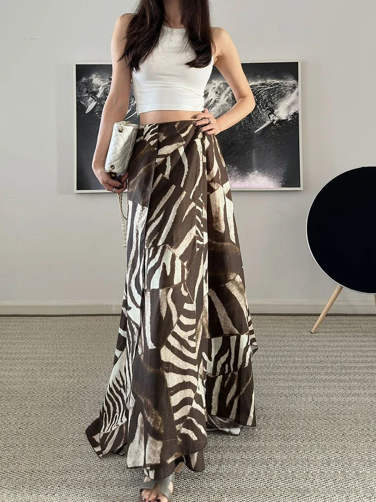 

Fashion Women's Vintage Midi Skirt Asymmetric Print Skirt women's Oversized Slit Elegant A-line Long Skirt