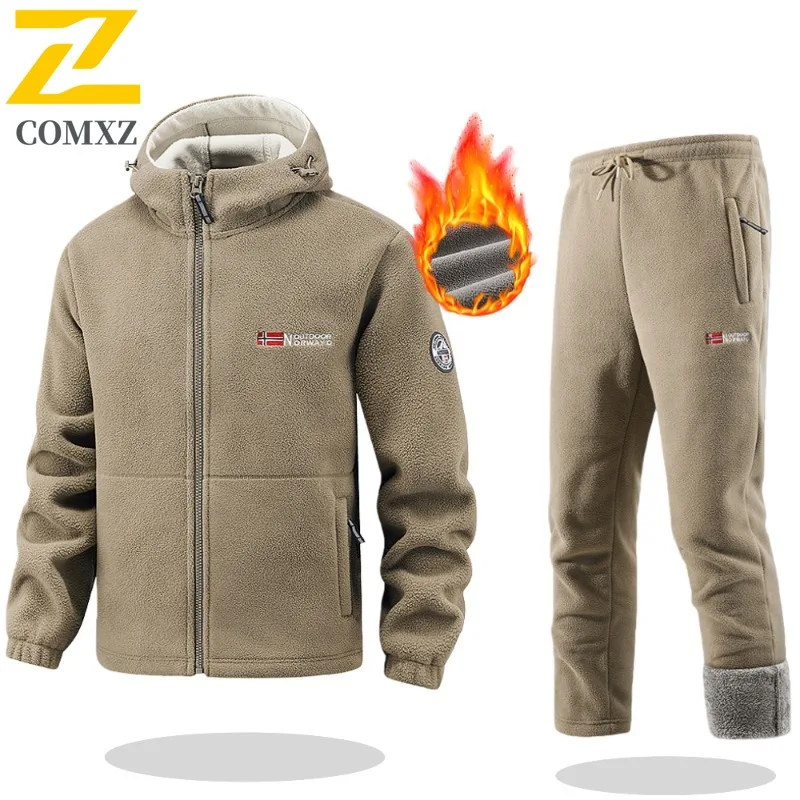 مجموعة التزلج في الهواء الطلق 2025 الرجال مريحة الدافئة جاكيت من الصوف + السراويل قطعتين الركض التدريب خفيفة الوزن الشتاء Sweatsuit مجموعة