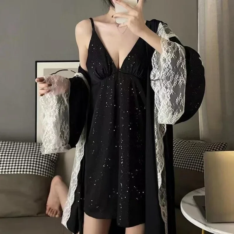 Spring and Autumn Thin Night Gown Mid-length Style Sex Appeal Lace Bathrobe Comfort 40-150 KG Large Size Ice Silk Pajamas Female