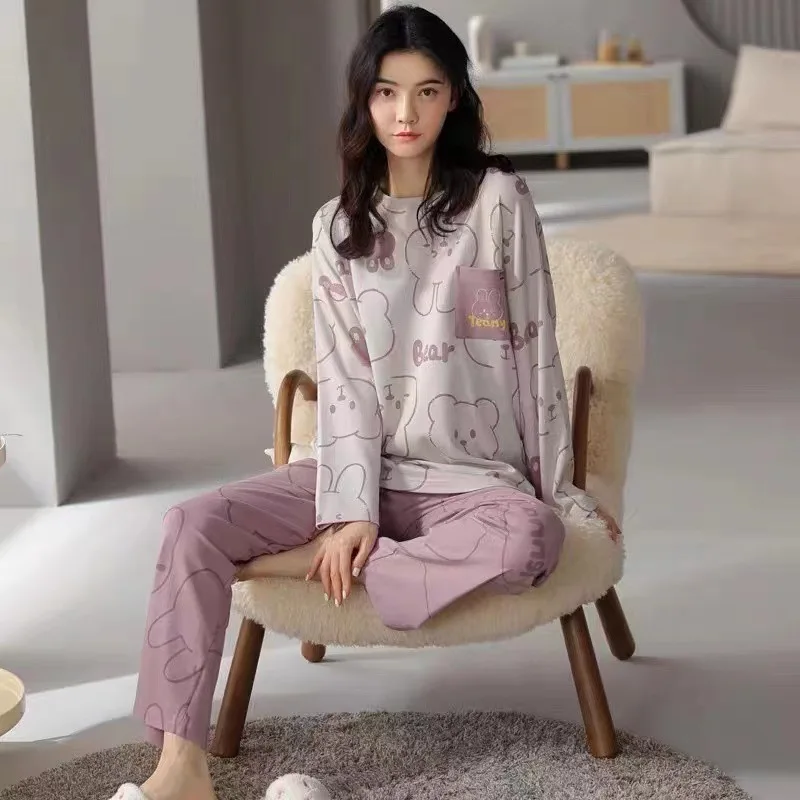 Spring and Autumn New Women\'s Pajamas Homewear Set of Girls Long-Sleeved Students Ins Wind Autumn and Winter Loose Homewear