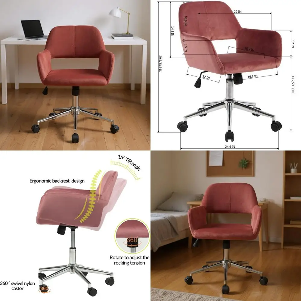 

Mid Century Modern Velvet Fabric Swivel Desk Chair with Armrests for Home Office in Rose