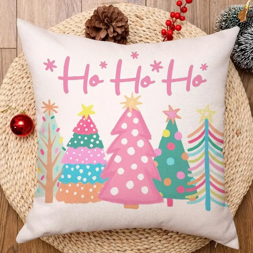 Pink Christmas Throw Pillow Covers 18x18 Inch Set of 4 Striped Truck Xmas Trees Farmhouse Holiday Cushion Cases for Home Decor