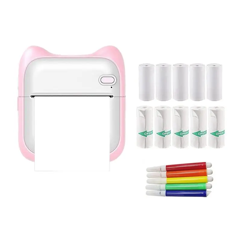 Mini Printer Sticker Maker, Portable Thermal Sticker Printer, Mini Inkless Printer With 10 Roll Paper And 5 Color Pens