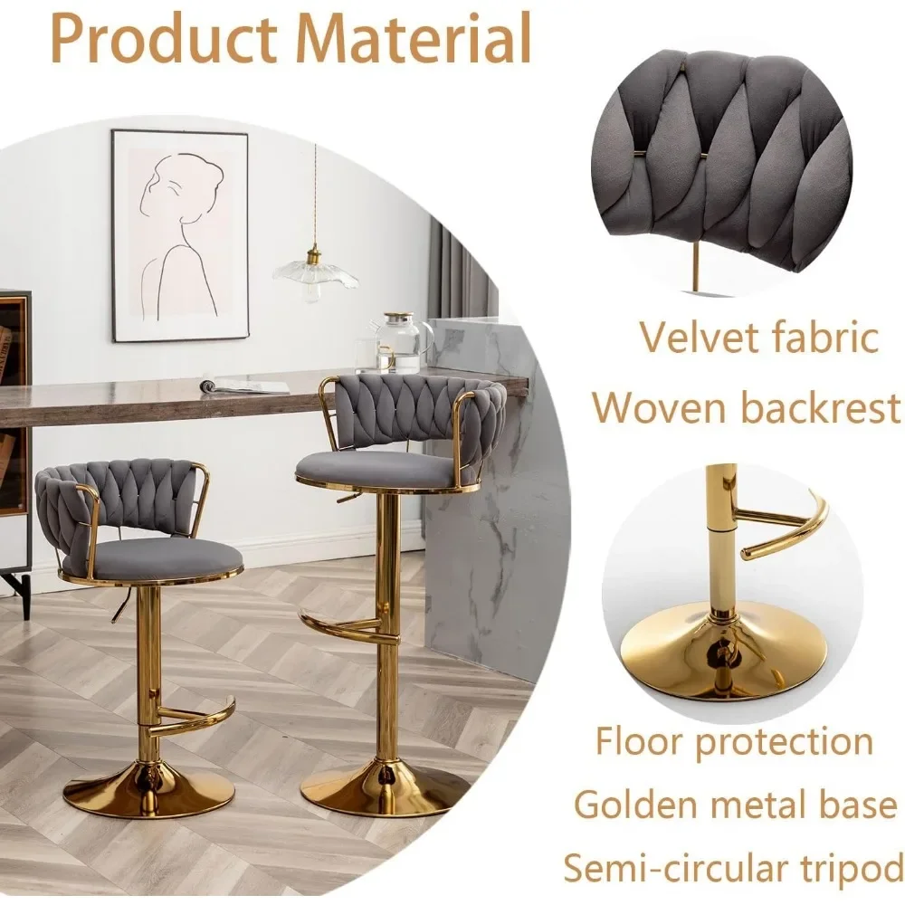 Gold Velvet Bar Stools Set of 4, Counter Height Bar Stools with Low Back, Swivel Stool for Kitchen Island, Bar Pub (Grey) image 5