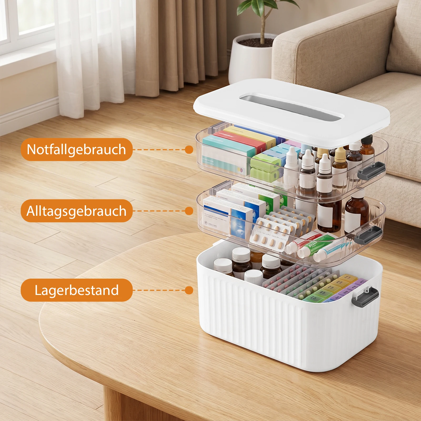 Medizin-Aufbewahrungsbox, 3-Schicht-Medizinbox, Medikamenten-Aufbewahrungsbox mit Tragegriff, 13,4 * 8,7 * 9,8 Zoll Medikamentenbox für Zuhause, Schule, Outdoor, Büro, Reisen
