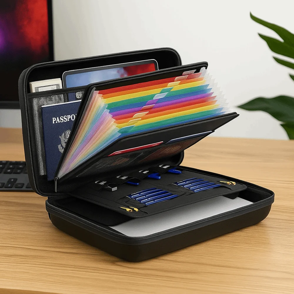 13 Accordion Pocket Fireproof Document Box Large Capacity Expanding Design Accordion File Folder Comfortable Handle Hard-Shell