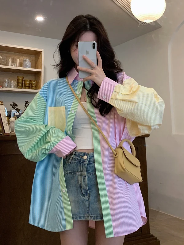 Sweet Candy Color Block Stripe Long Sleeve Shirt Women's Spring Autumn New Style Commute Korean Loose Fit Breathable Shirt - view 2
